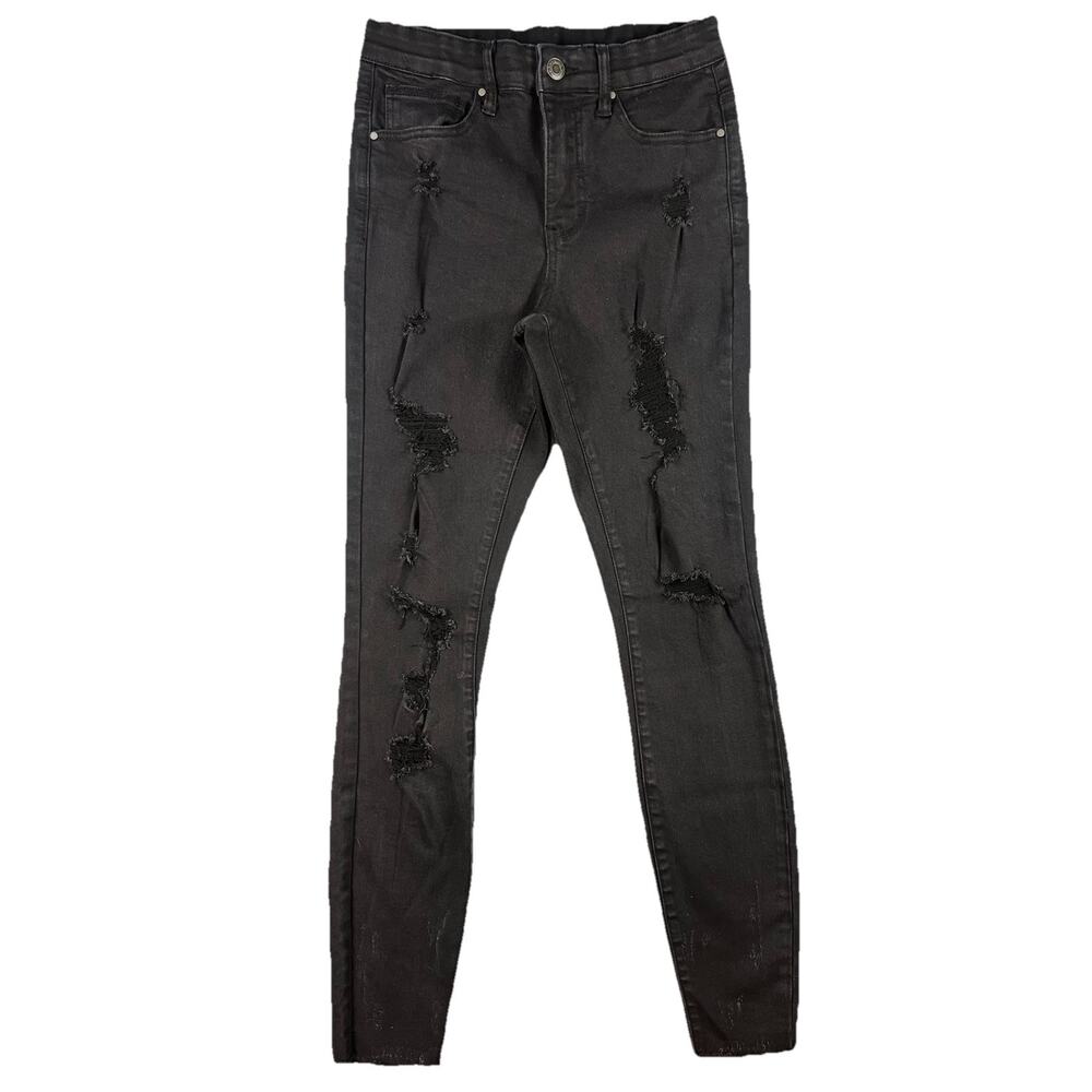 Grace & Lace Distressed Skinny Jeans Black Raw Hem Stretch Size 8